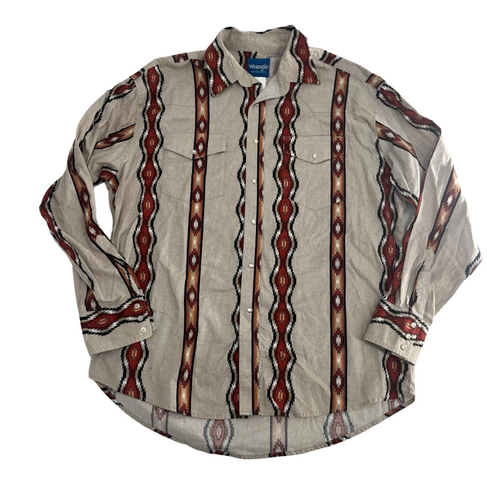Vintage Wrangler Shirt Mens XL Tan Red Southwestern Brushpopper Pearl Snap Aztec